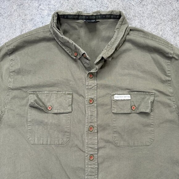 Grunt Style Button-Down Shirt Men 2XL Green Short Sleeve Stretch American Flag - Picture 1 of 15